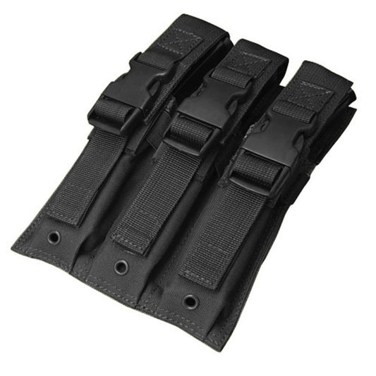 "Condor MOLLE Triple MP5 Magazine Pouch in Black, designed to hold up to three MP5 magazines, featuring durable construction, open-top design with adjustable bungee cord retention system, and MOLLE compatibility.