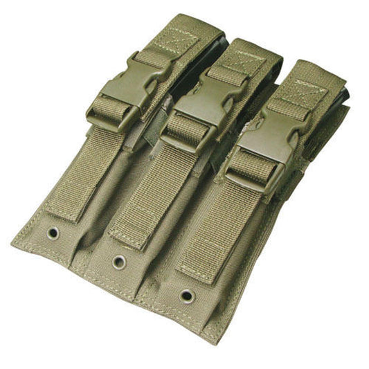 Condor MOLLE Triple MP5 Magazine Pouch in OD Green, designed to hold up to three MP5 magazines, featuring durable construction, open-top design, and adjustable bungee cord retention system.