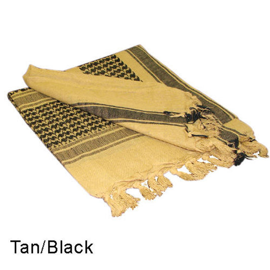 Condor Tan Black Shemagh worn as head wrap for airsoft or outdoor protection