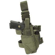 Condor Tornado Tactical Leg Holster in OD Green, featuring an adjustable wrap-around design, retention system, non-slip leg strap, and built-in magazine pouch, made from durable nylon material