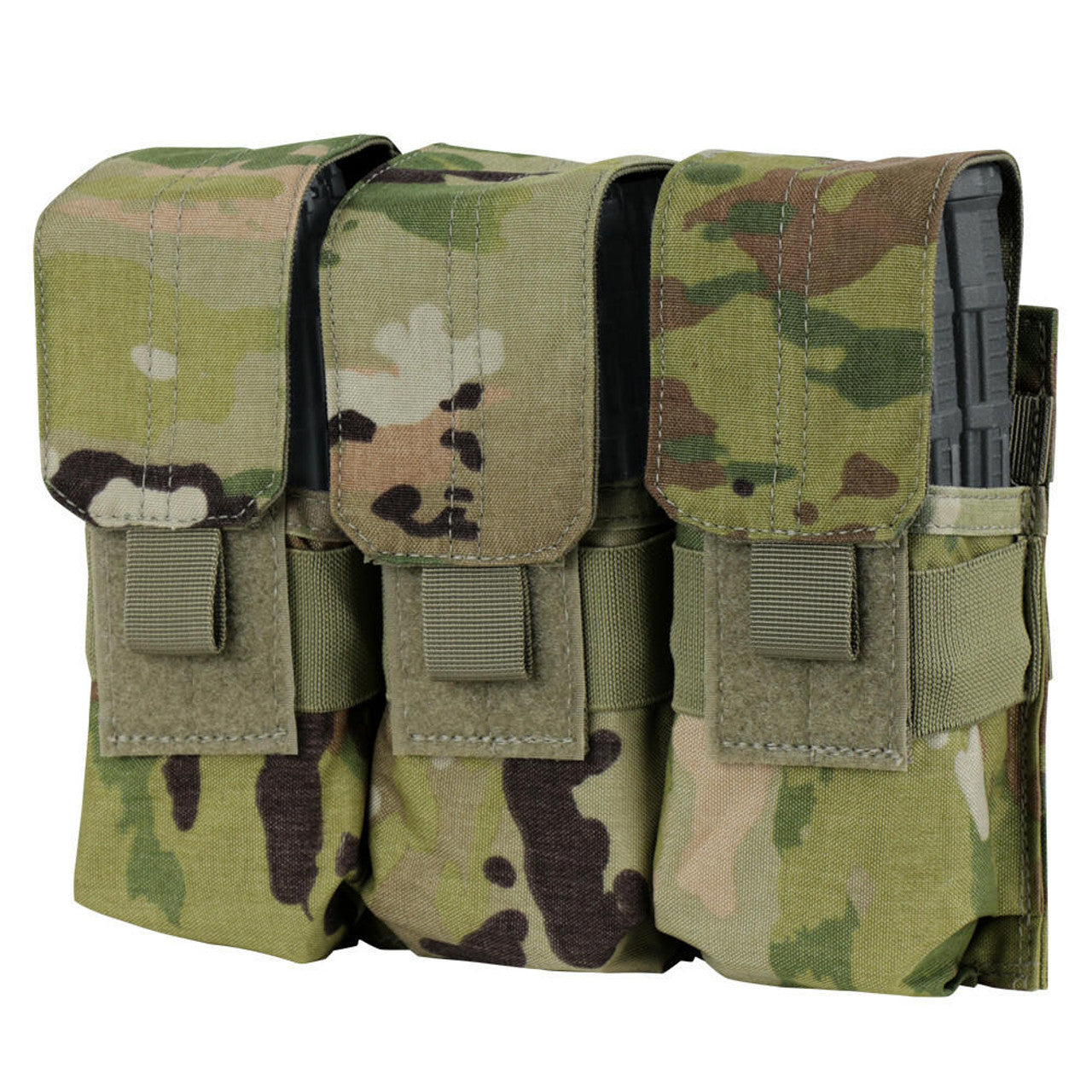 Condor Triple M4 Magazine Pouch with Scorpion OCP, designed to hold six AR/M4 magazines, featuring durable nylon fabric, open-top design with bungee cords, and MOLLE compatibility for secure attachment to tactical gear.