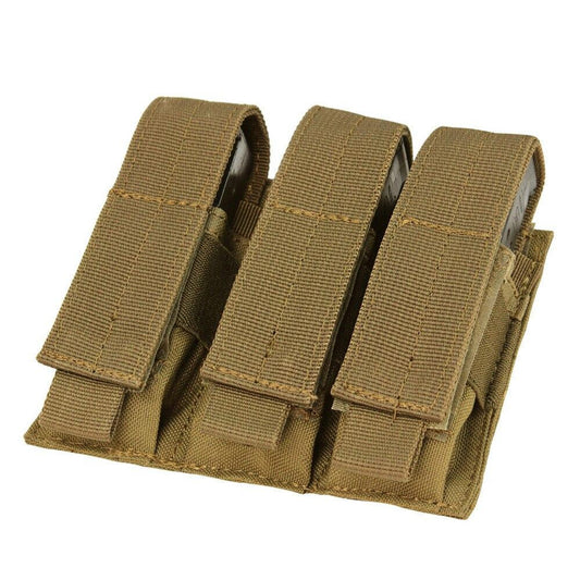 Condor Triple Pistol Magazine Pouch in Coyote, designed to hold up to three pistol magazines, featuring durable construction, hook-and-loop flap closure with snap, and MOLLE compatibility.