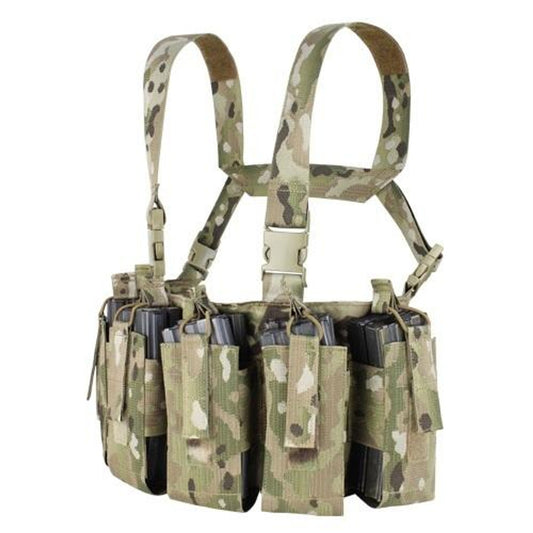 Condor US1051 Barrage Chest Rig in MultiCam – Tactical chest rig featuring six magazine pouches, adjustable H-harness, and quick-release buckles for airsoft and outdoor use.

