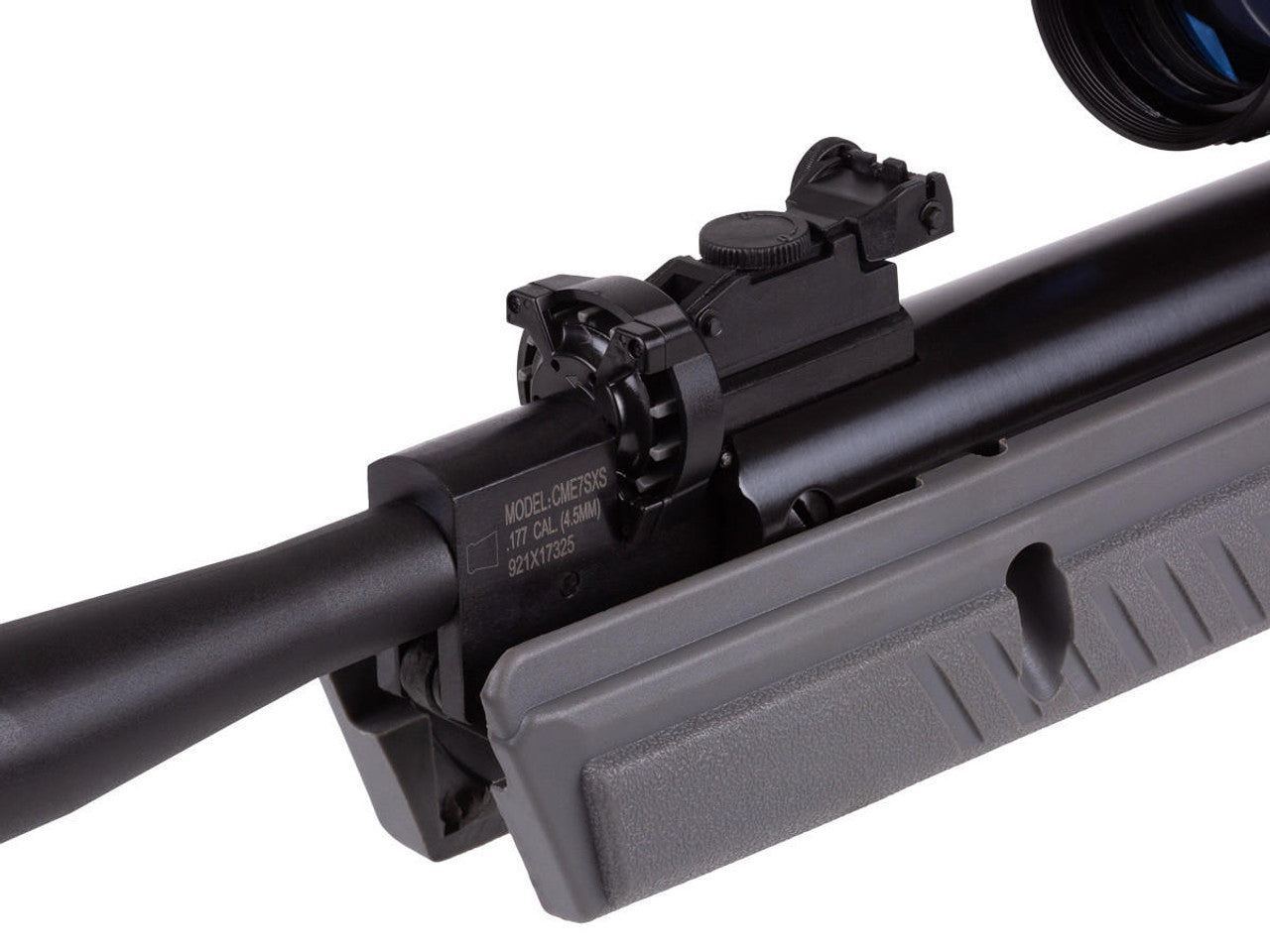 Close-up of Crosman MAG-Fire Extreme air rifle featuring the 12-shot rotary magazine clip and adjustable front sight for precision aiming