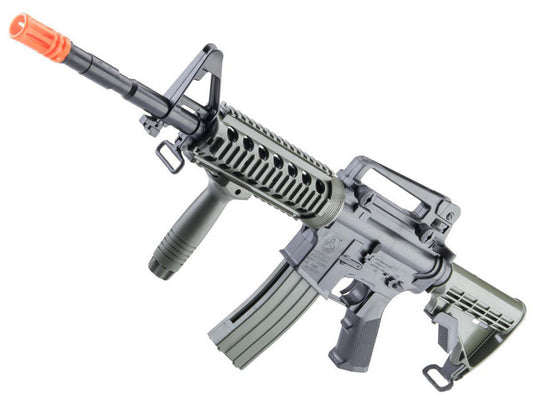 Colt Licensed Tactical Spring Powered M4 Airsoft Rifle in Ranger Green by Cybergun with quad rail and flip-up sights