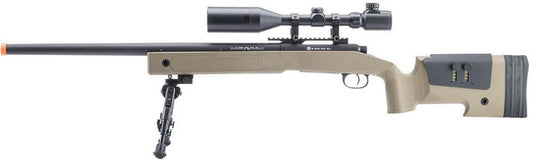 Cybergun FN Herstal licensed SPR A5M bolt action airsoft sniper rifle in desert tan, shown with tactical accessories and bipod mount