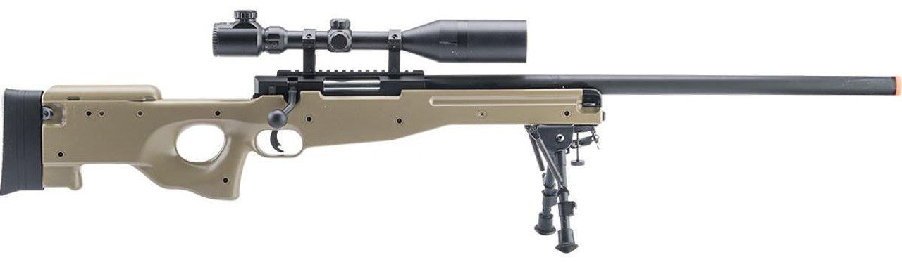 A sniper rifle with a tan-colored stock, black barrel, and mounted scope, equipped with a bipod for stability