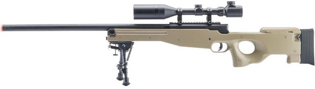 Cybergun Mauser Licensed Type 96 Airsoft Bolt Action Sniper Rifle in tan with black barrel, mounted scope, and bipod