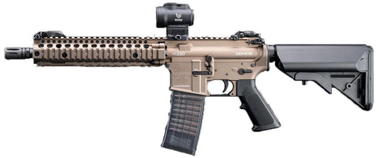 Side profile of CGS-powered MK18 Airsoft Rifle with engraved DDM4 trademarks