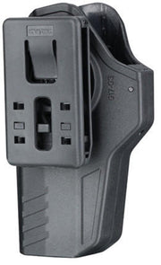 "Black Cytac Hard Shell Holster, made from injection-molded polymer, designed for Glock Gas Blowback Airsoft Pistols with a lightweight build, secure locking system, and right-handed ergonomic design