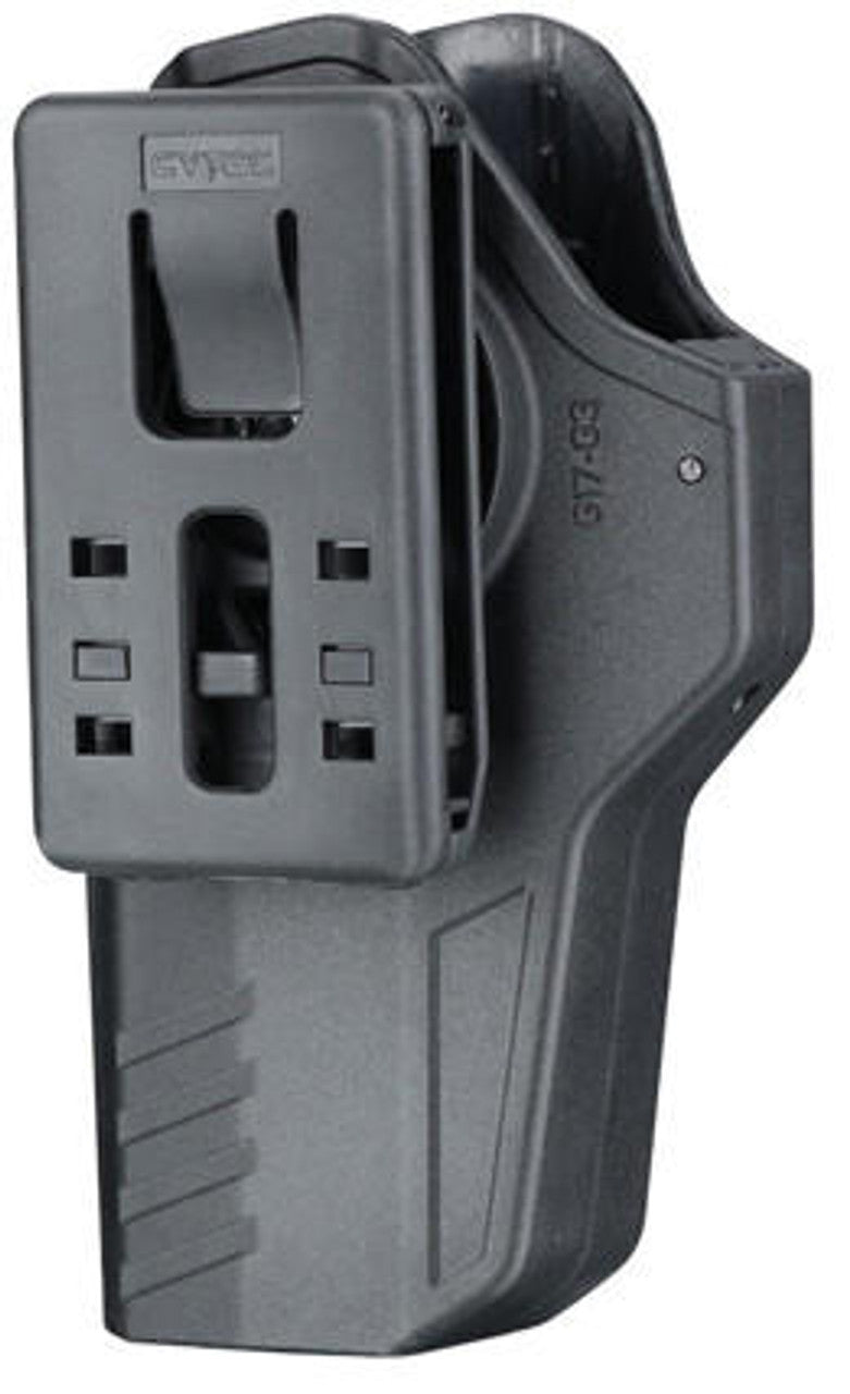 "Black Cytac Hard Shell Holster, made from injection-molded polymer, designed for Glock Gas Blowback Airsoft Pistols with a lightweight build, secure locking system, and right-handed ergonomic design