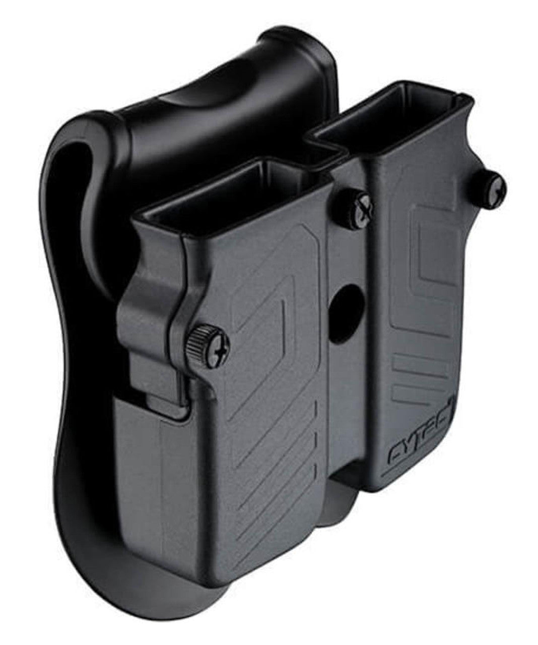 "Cytac Universal Double Magazine Pouch in Black, designed to hold two pistol magazines (9mm, .40, .45 caliber), featuring durable high-tech polymer material, adjustable tension screws, 360-degree rotation, and paddle design for secure attachment.