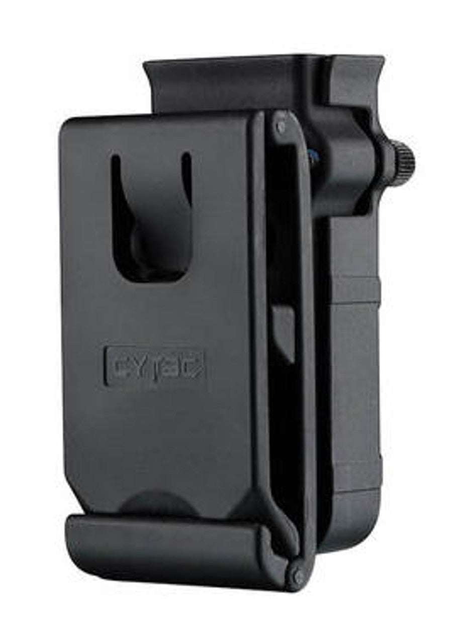 "Cytac Universal Single Magazine Pouch in Black, designed to hold one pistol magazine (9mm, .40, .45 caliber), featuring durable high-tech polymer material, adjustable tension screws, 360-degree rotation, and belt clip design for secure attachment.