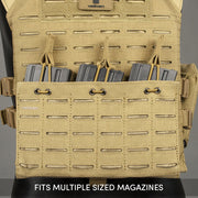 Valken Multi Rifle Double Magazine Pouch feature diagram showing laser-cut MOLLE compatibility, adjustable retention, and durable construction.