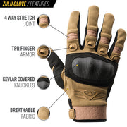 Valken Zulu Tactical Gloves in Tan featuring reinforced knuckle protection, breathable fabric, and touchscreen-compatible fingertips.
