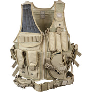 Valken Adult Crossdraw Airsoft Vest in tan featuring integrated holster, rifle magazine pouches, and adjustable straps.