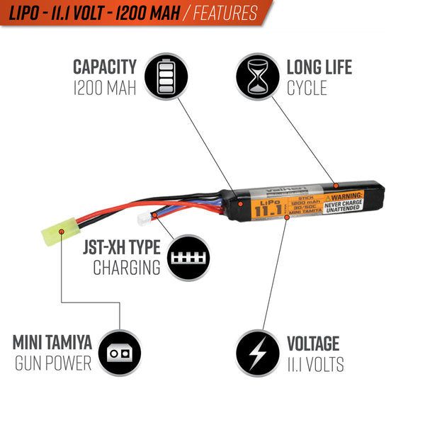 Valken LiPo 11.1v 1200mAh 30C/50C Stick Airoft Battery (Small Tamiya)