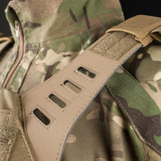 Close-up of the Valken Laser Cut Plate Carrier shoulder strap with laser-cut MOLLE webbing.