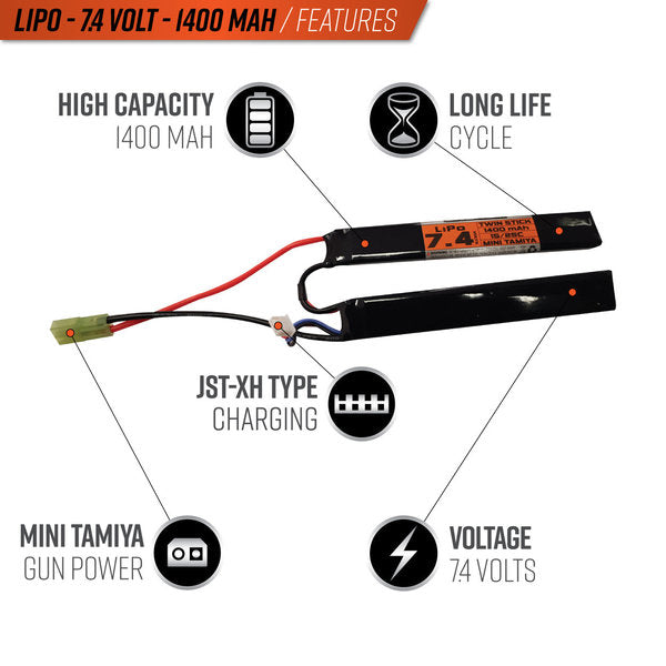 Valken LiPo 7.4v 1400mAh 15C/25C Split Airsoft Battery (Small Tamiya)