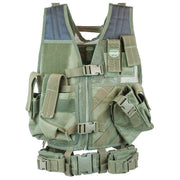 Valken Crossdraw Airsoft Vest in OD green featuring an integrated crossdraw holster and multiple utility pouches.