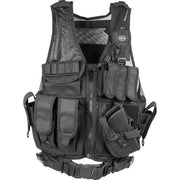 Valken Adult Crossdraw Airsoft Vest in black with integrated pistol holster, magazine pouches, and adjustable tactical fit.