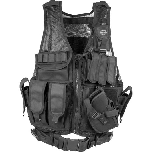 Valken Adult Crossdraw Airsoft Vest in black with integrated pistol holster, magazine pouches, and adjustable tactical fit.