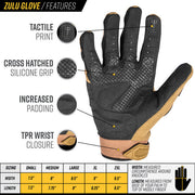 Valken Zulu Tactical Gloves feature overview highlighting reinforced knuckles, breathable fabric, adjustable wrist closure, and touchscreen-compatible fingertips.