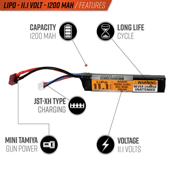 Valken LiPo 11.1v 1200mAh 30C/50C Stick Airsoft Battery (Dean)