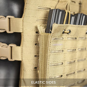 Side profile of the Valken Multi Rifle Triple Magazine Pouch mounted on a tactical vest in Tan.