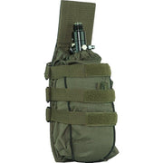 Valken Universal Air Tank Pouch in Olive Drab green, holding a compressed air tank with regulator, showing MOLLE webbing and secure elastic retention straps.