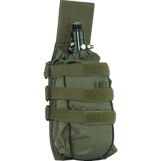 Valken Universal Air Tank Pouch in Olive Drab green, holding a compressed air tank with regulator, showing MOLLE webbing and secure elastic retention straps.