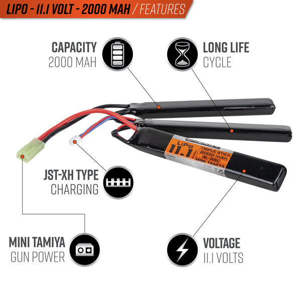 Valken LiPo 11.1v 2000mAh 15C/25C Triple Split Airsoft Battery with Small Tamiya Connector