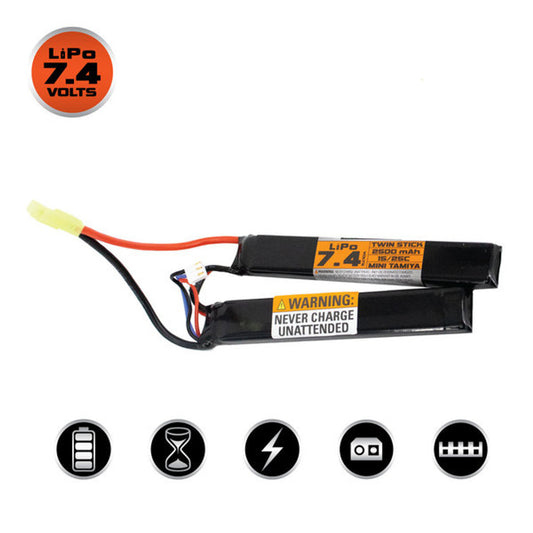 Valken LiPo 7.4v 2500mAh 15C/25C Split Airsoft Battery (small Tamiya)