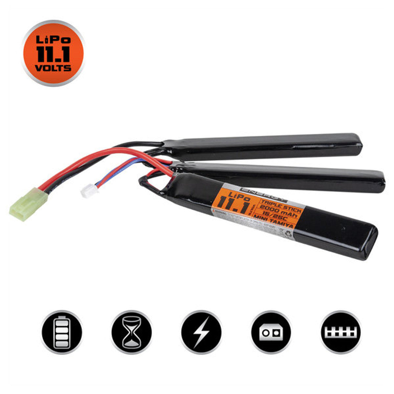 Valken LiPo 11.1v 2000mAh 15C/25C Triple Split Airsoft Battery with Small Tamiya Connector