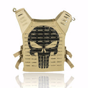 Front view of the Valken Alpha Laser Cut Plate Carrier in tan featuring a laser-cut Punisher skull design.