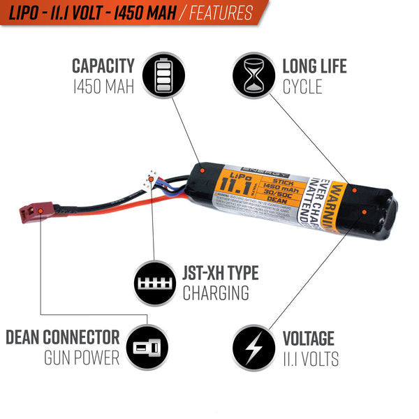 Valken LiPo 11.1v 1450mAh 30C/50C Stick Airsoft Battery (Dean)