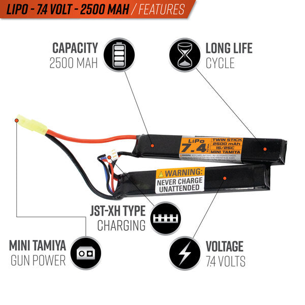 Valken LiPo 7.4v 2500mAh 15C/25C Split Airsoft Battery (small Tamiya)