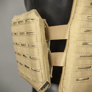 Side view of Valken Laser Cut Plate Carrier Side Panel attached to a MOLLE-compatible tactical vest in Tan.