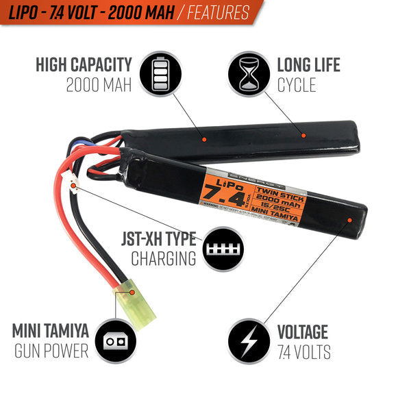 Valken LiPo 7.4v 2000mAh 25C/50C Split Airsoft Battery (Small Tamiya)