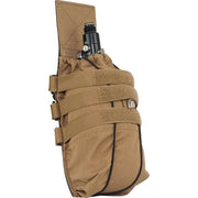 Side angle view of the Valken Universal Air Tank Pouch in Tan / Coyote Brown, highlighting the heavy-duty fabric construction and adjustable fitment system.