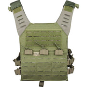 Rear view of the Valken Laser Cut Plate Carrier in OD green with laser-cut MOLLE attachment system.