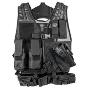 Valken Crossdraw Airsoft Vest in black with integrated pistol holster, magazine pouches, and adjustable tactical fit.