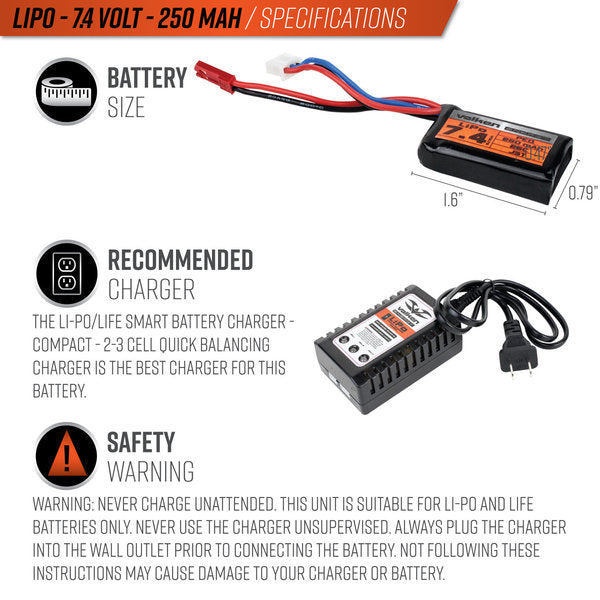 Valken LiPo 7.4v 250mAh 25C HPA Airsoft Battery (JST)