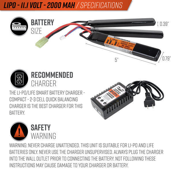 Valken LiPo 11.1v 2000mAh 15C/25C Triple Split Airsoft Battery with Small Tamiya Connector