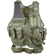 Valken Adult Crossdraw Airsoft Vest in OD green with built-in crossdraw holster and multiple utility pouches.