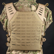 Rear view of the Valken Laser Cut Plate Carrier in tan featuring laser-cut MOLLE panels and adjustable shoulder straps.
