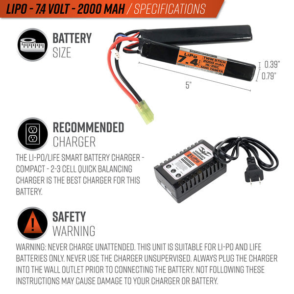 Valken LiPo 7.4v 2000mAh 25C/50C Split Airsoft Battery (Small Tamiya)