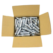 Open box of Valken 12 Gram CO2 Cartridges 100 Count showing bulk pack of disposable CO2 cylinders for airsoft and airguns.
