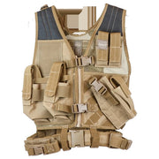 Valken Crossdraw Airsoft Vest in tan with built-in crossdraw holster, magazine pouches, and adjustable tactical straps.