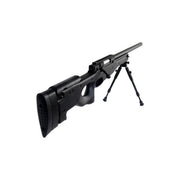 Double Eagle M59P Airsoft Sniper Rifle with scope and bipod, rear view showing stock, bolt, barrel, and bipod